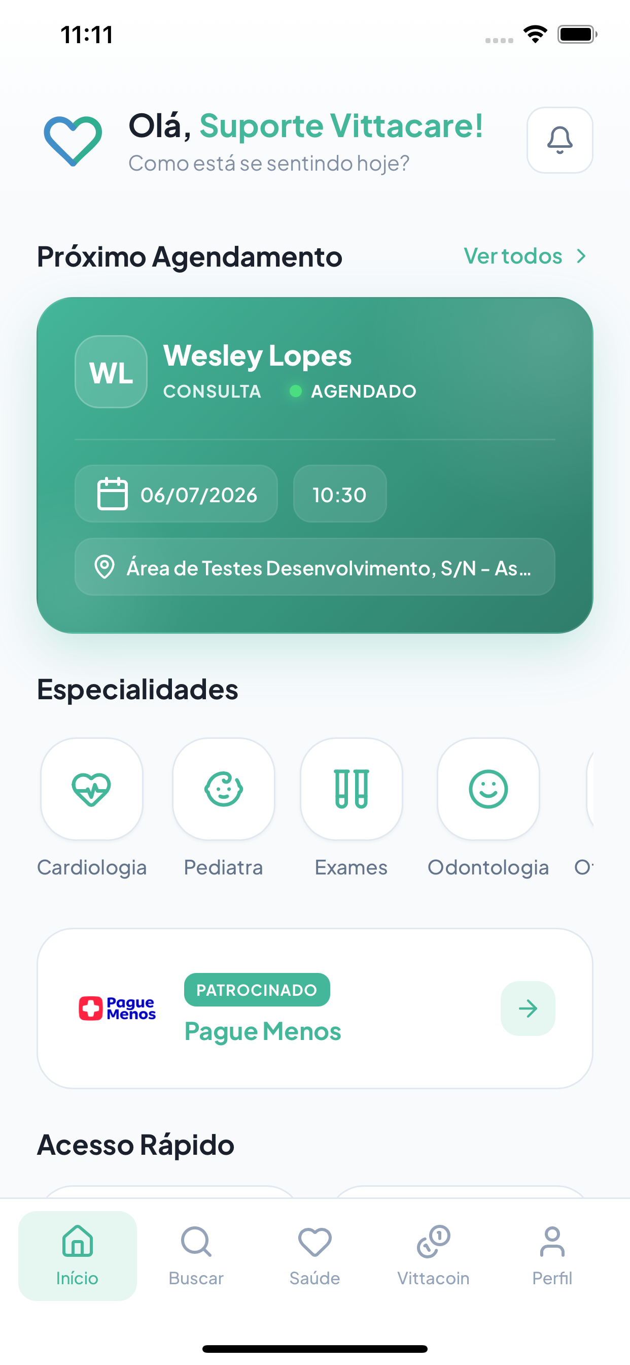Tela inicial do VittaCare